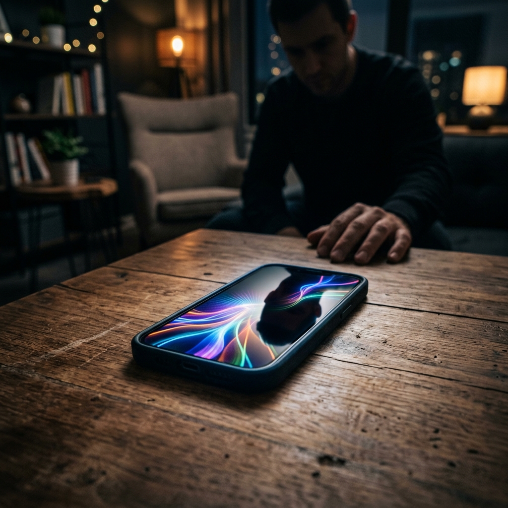 A smartphone glowing on a wooden table illustrating digital hedonism motivation and human reward loops
