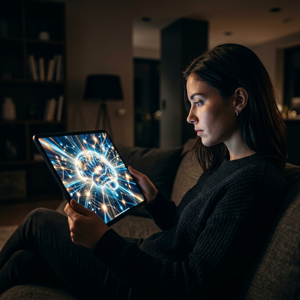 Human digital perception showing optical light refraction and brain network activity on a tablet screen