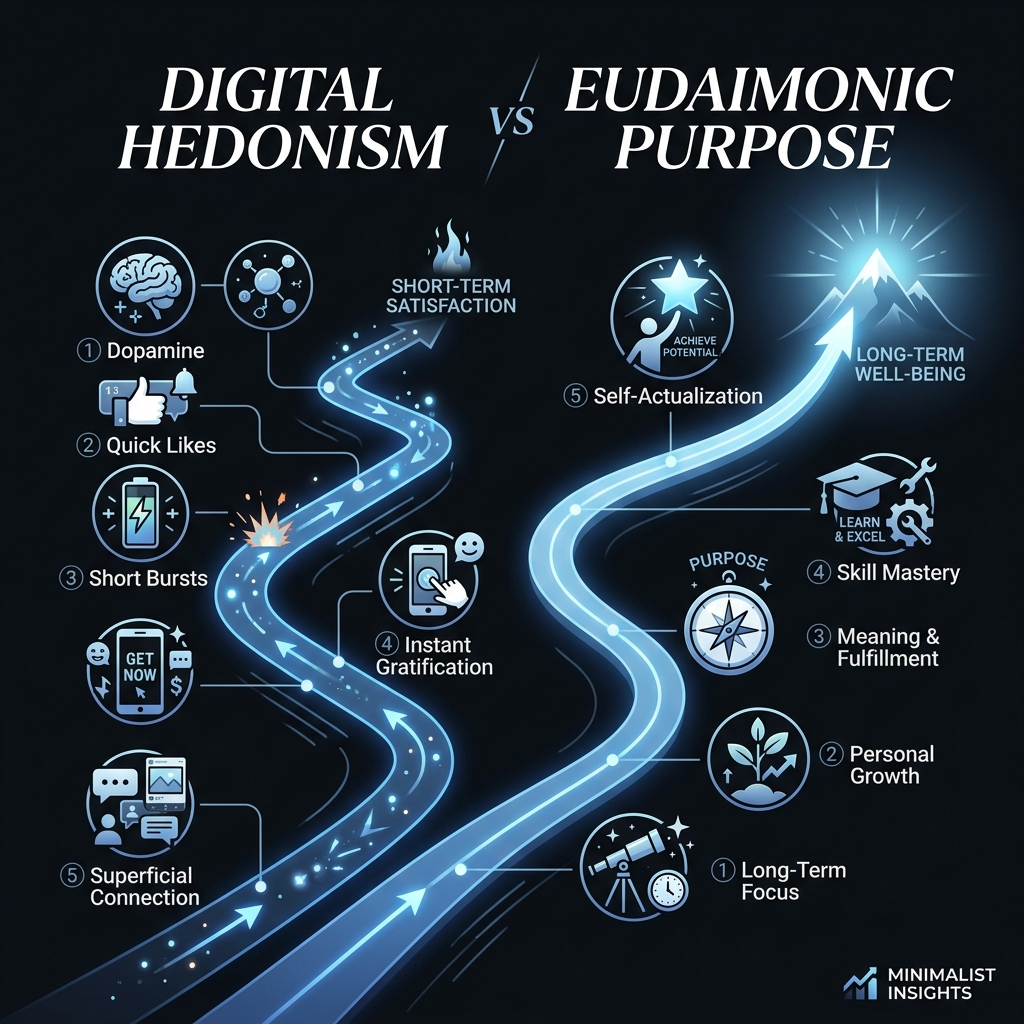 Infographic comparing digital hedonism motivation vs eudaimonic purpose