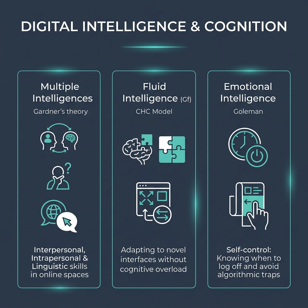 Infographic summarizing digital intelligence and technology concepts including CHC model and Emotional Intelligence