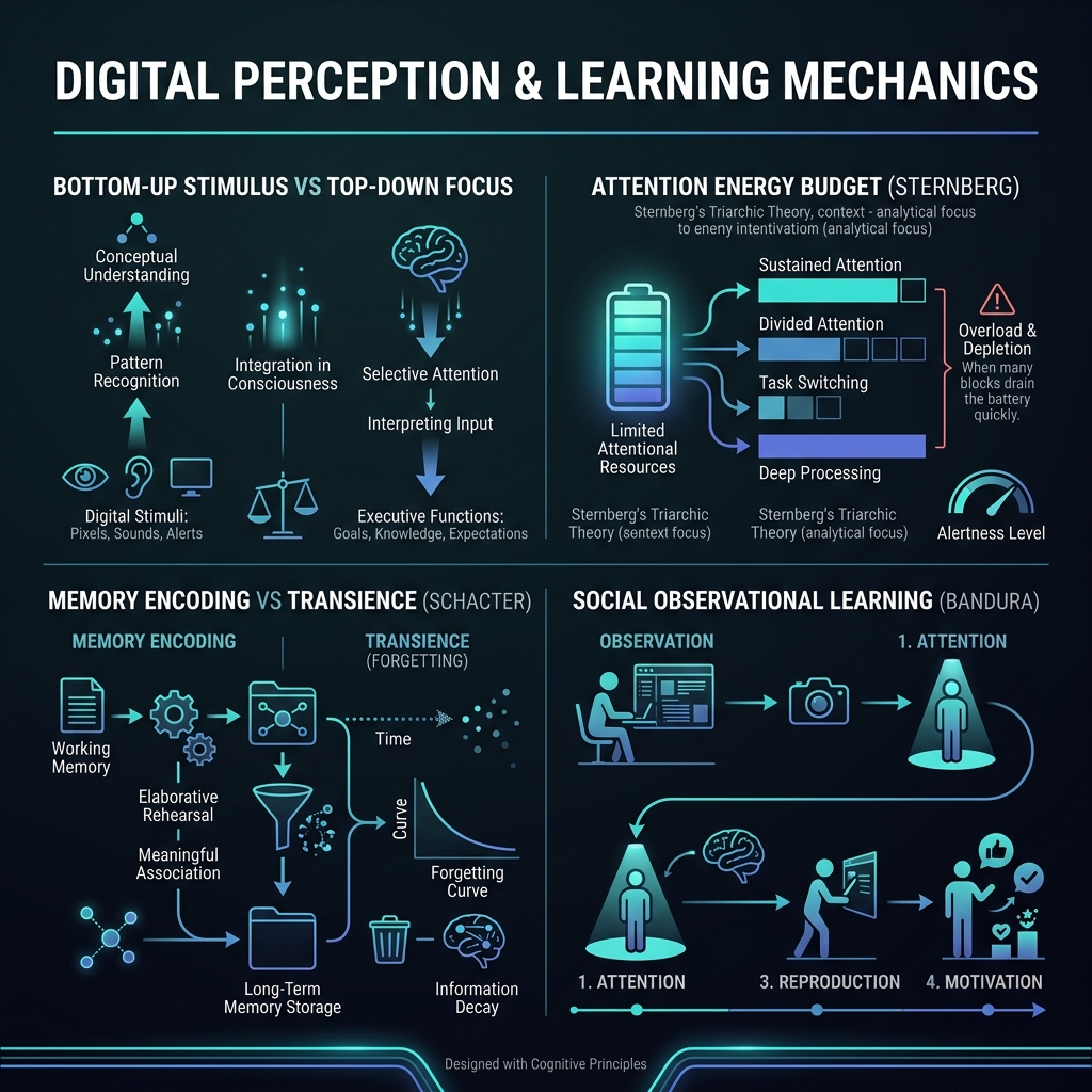 Infographic summarizing digital perception and learning cognitive mechanisms