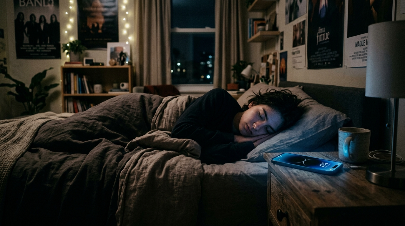 A teenager sleeping peacefully in a dimly lit bedroom while a smartphone glows on the bedside table illustrating the displacement hypothesis social media