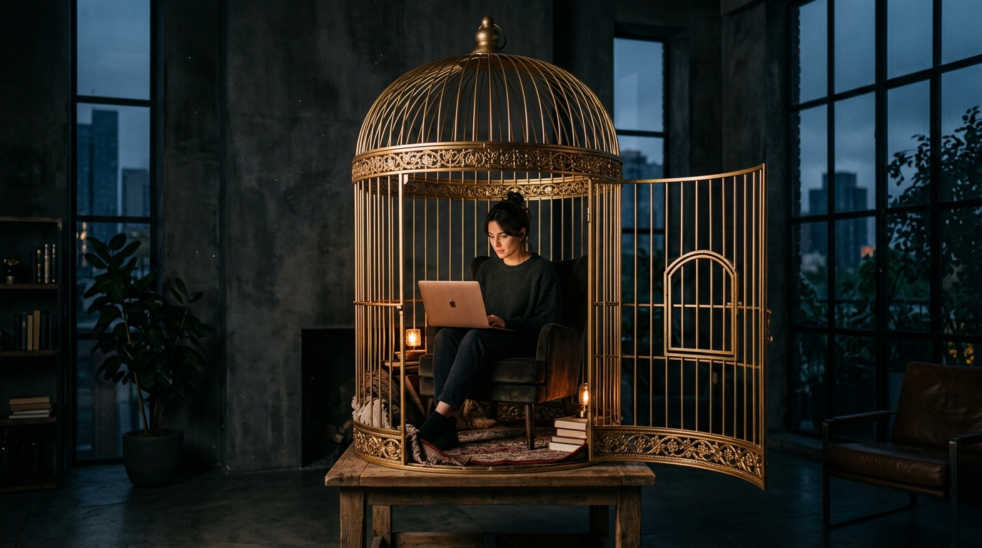 A person sitting comfortably with a laptop inside an open golden birdcage illustrating golden cages digital freedom