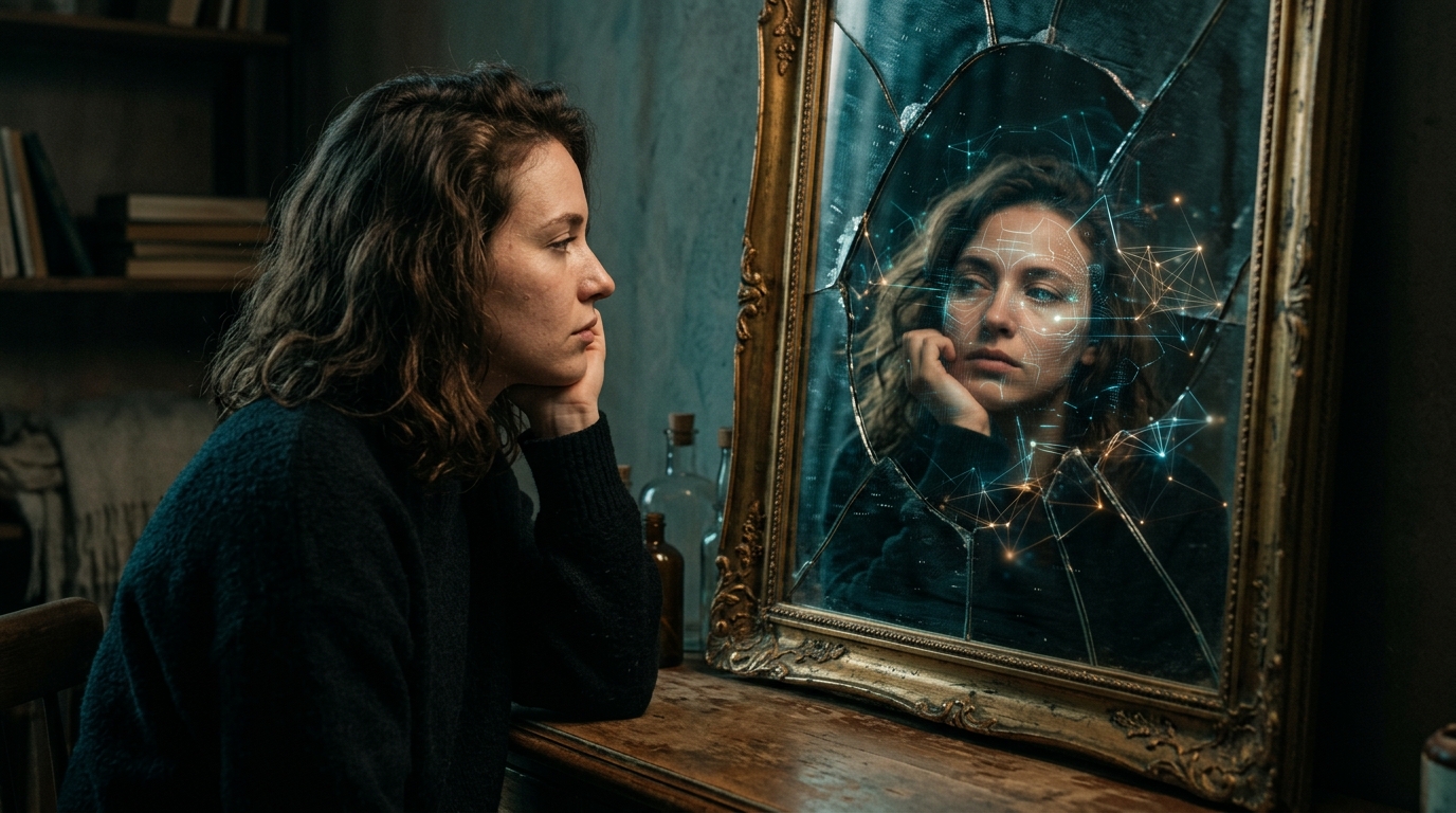 A contemplative person looking into an antique mirror with cybernetic patterns illustrating psycho-cybernetics digital self-image