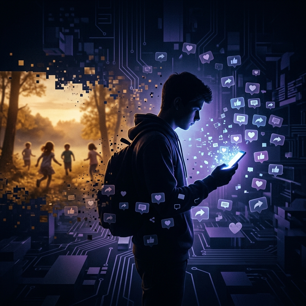 Teenager gazing at a glowing smartphone screen reflecting anxious generation social media teens and virtual isolation