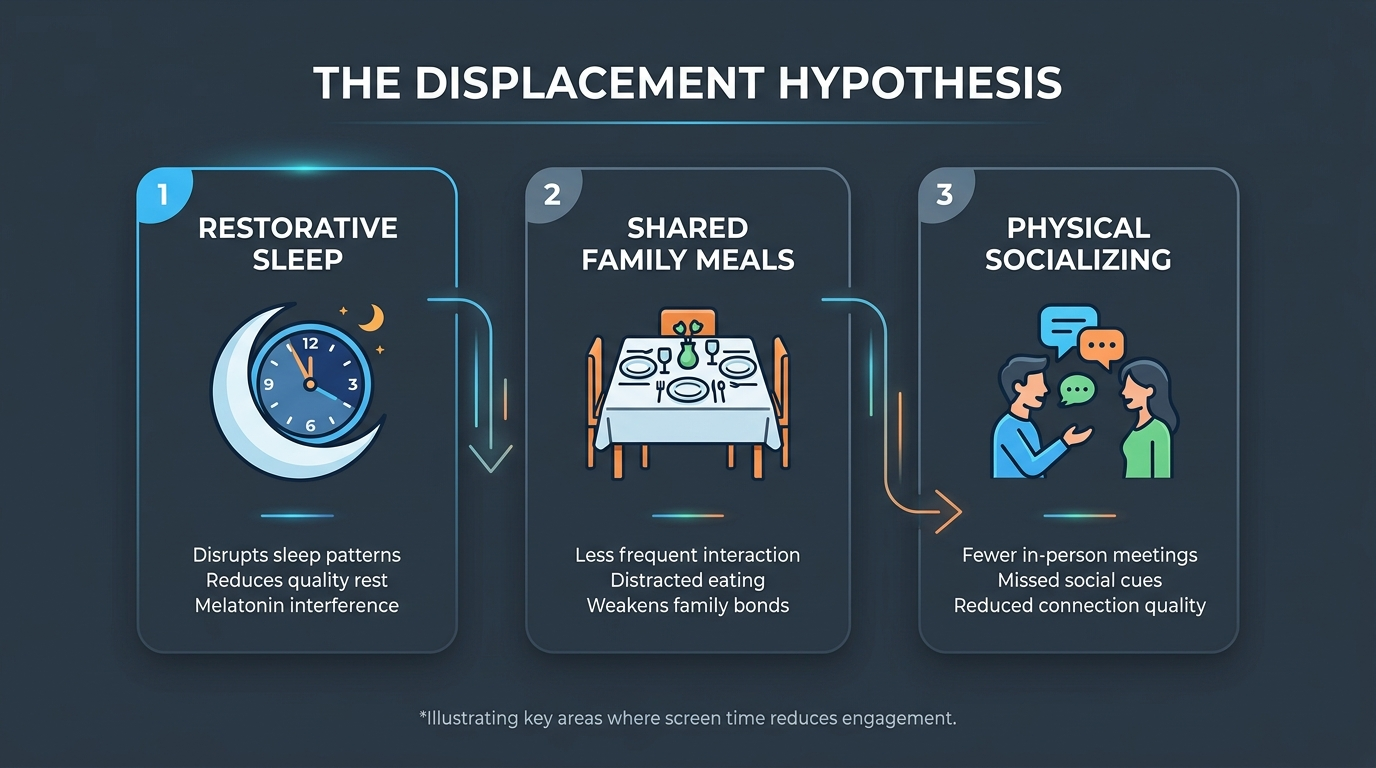 Infographic illustrating the displacement hypothesis social media and the three core areas replaced by screen time including sleep, shared family meals, and physical socializing