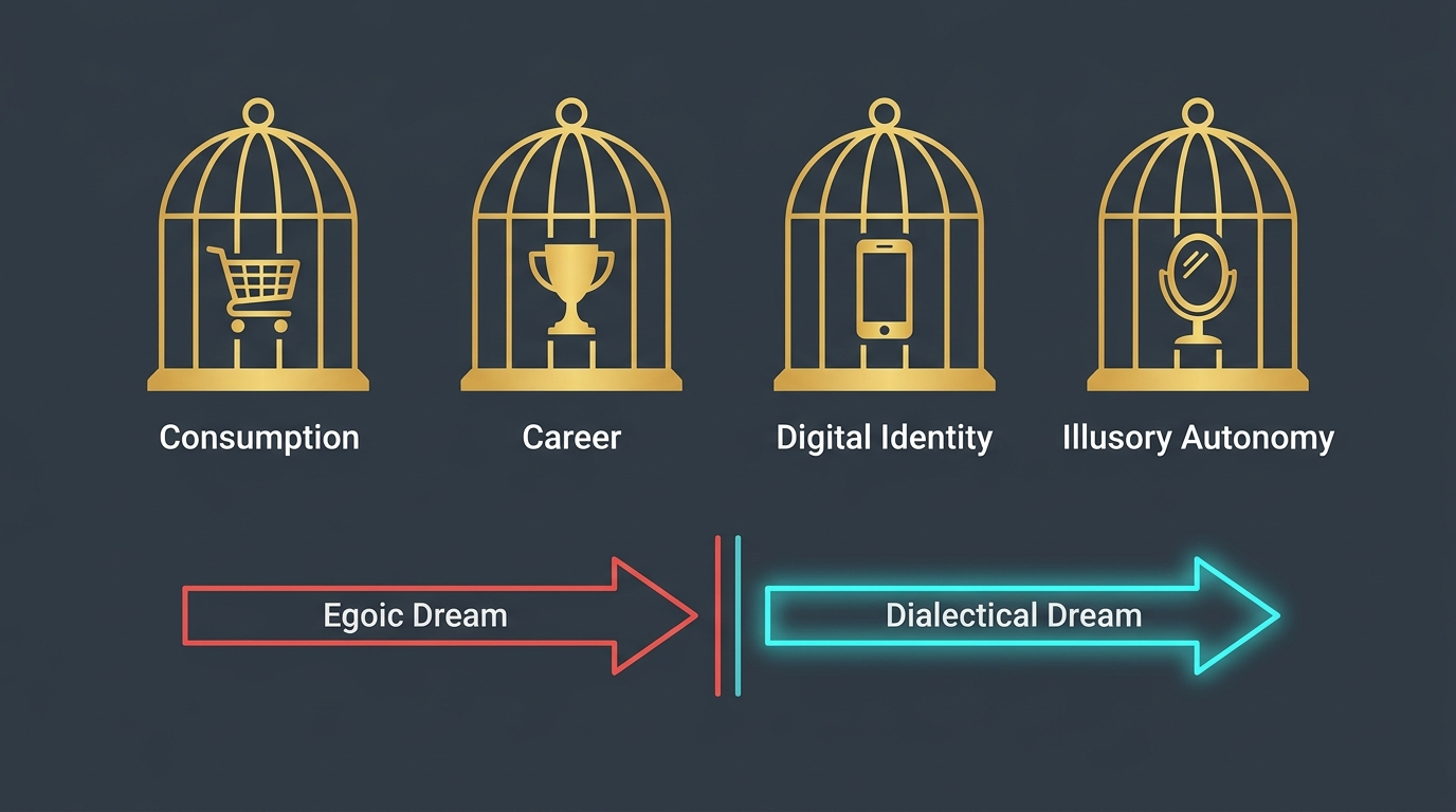 Infographic illustrating golden cages digital freedom and the four modern traps of consumption, career, digital identity, and illusory autonomy