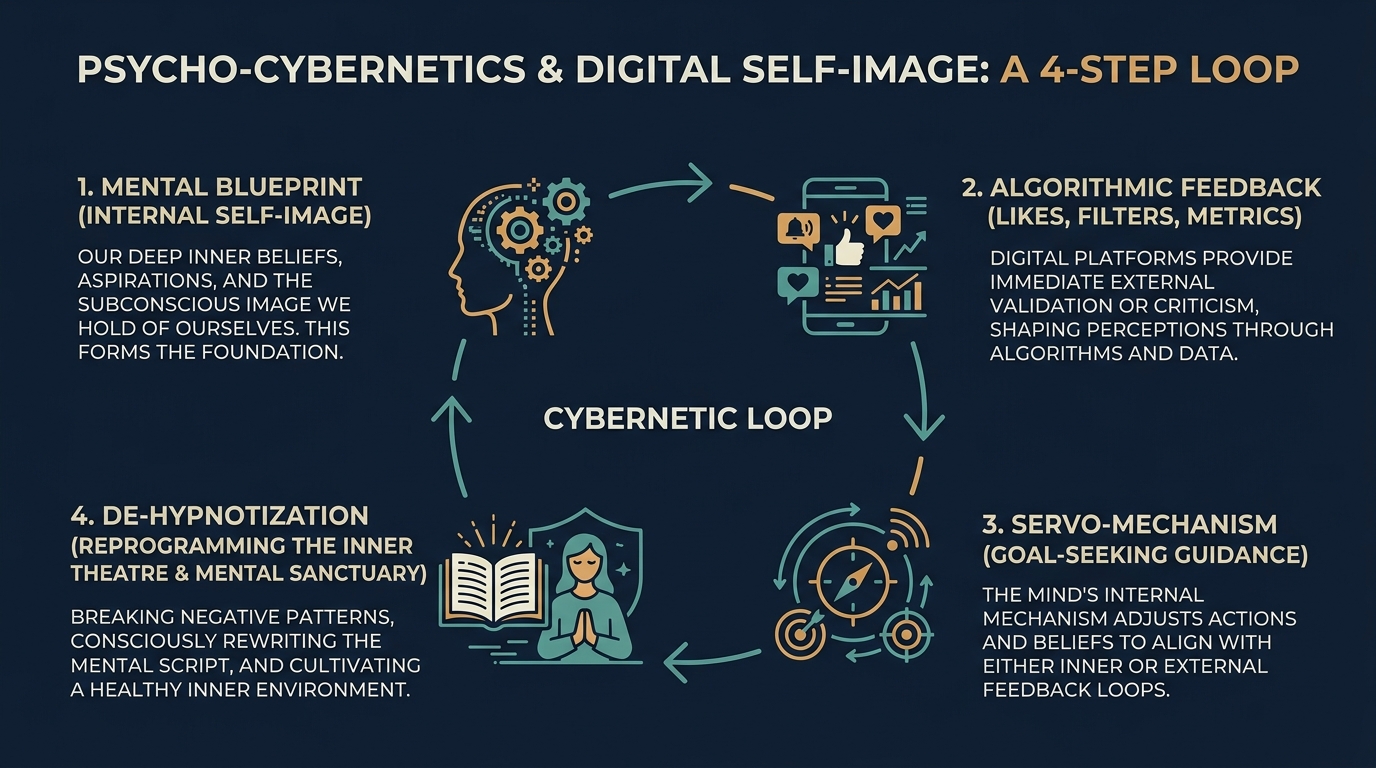 Infographic illustrating psycho-cybernetics digital self-image and the four-step feedback loop between mental blueprint, algorithmic metrics, servo-mechanism, and de-hypnotization
