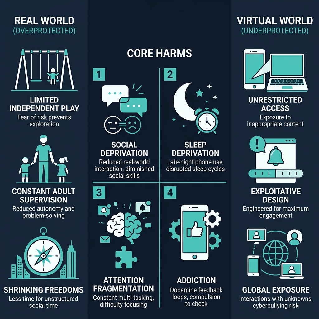 Infographic summarizing Jonathan Haidt's core findings on anxious generation social media teens