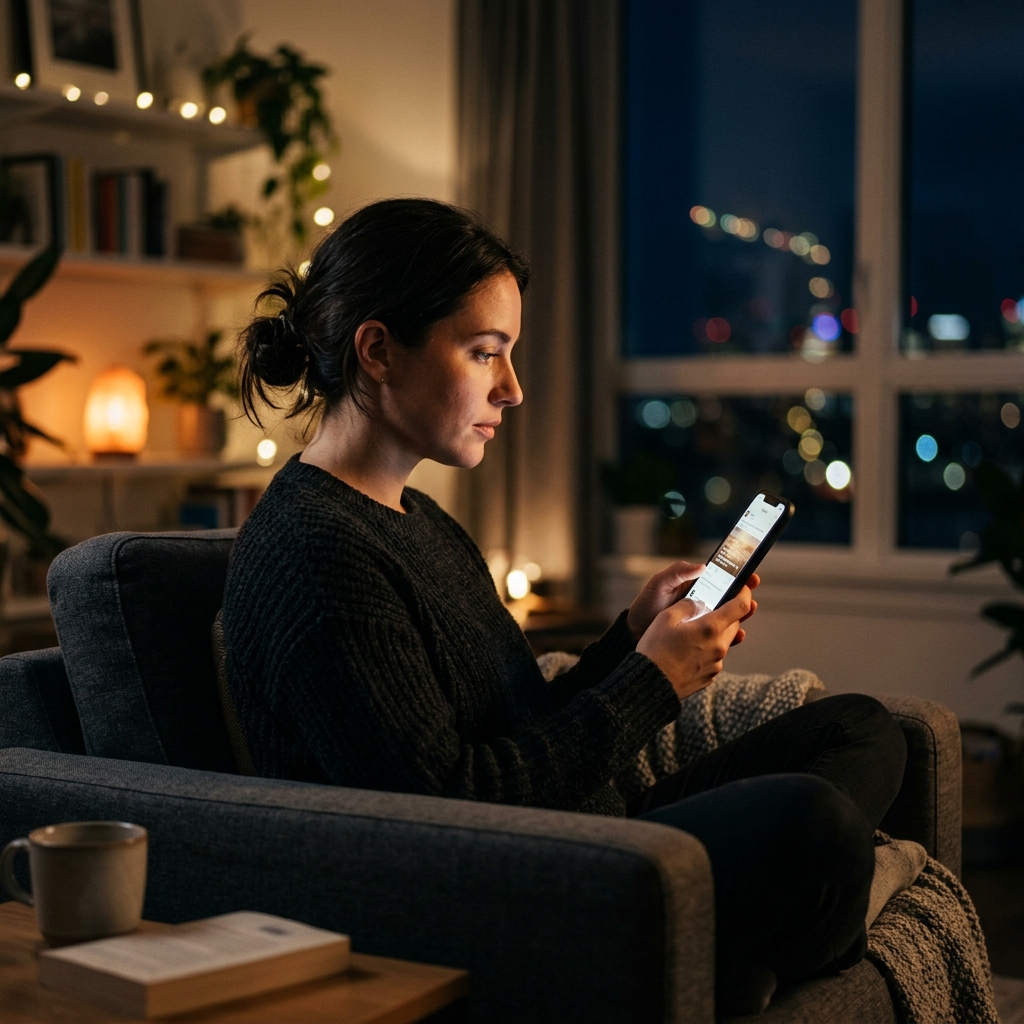 A person sitting in front of a illuminated screen in a dark room representing the relationship between attention and social media
