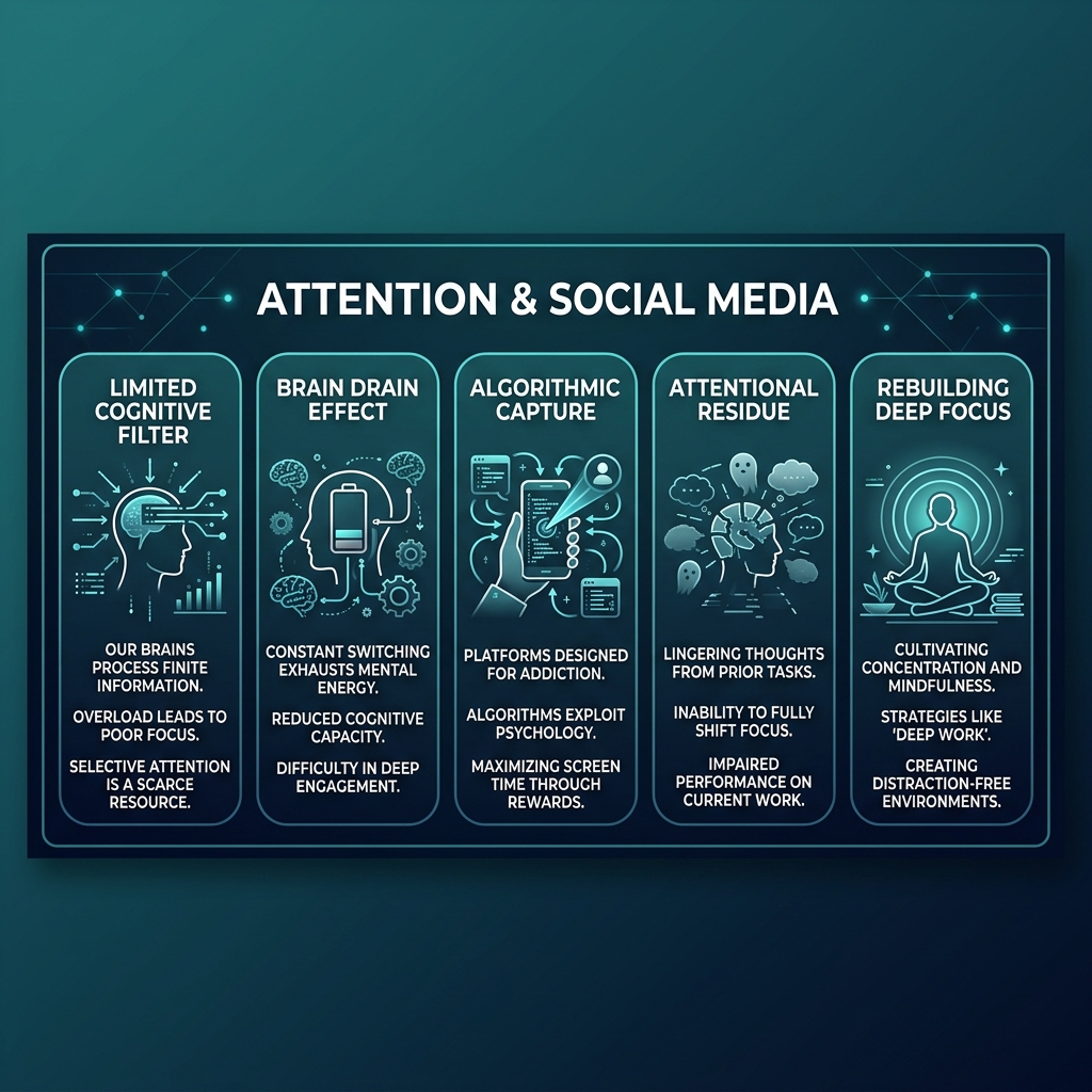Infographic summarizing key findings on attention and social media including cognitive filter, brain drain, algorithmic capture, attentional residue, and deep focus