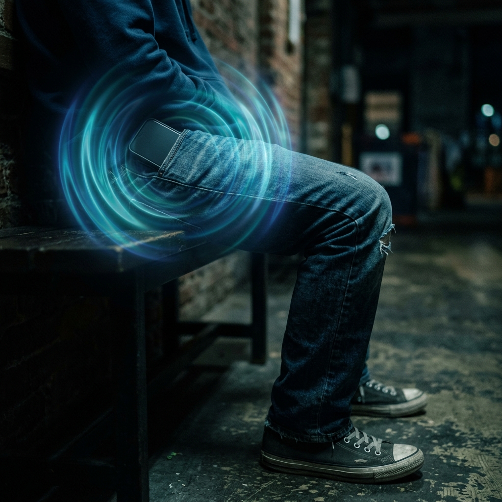 A young person's leg in jeans with translucent waves radiating from the pocket, representing the illusory buzz of phantom vibration syndrome