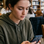 A student in a library looking at her phone instead of her work, a portrait of smartphone addiction and procrastination