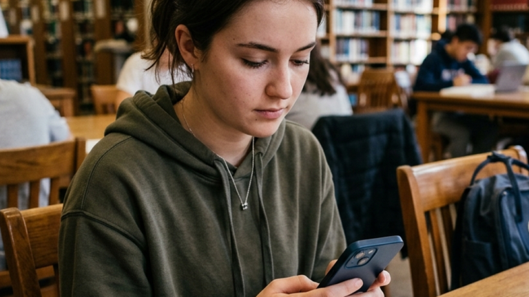 A student in a library looking at her phone instead of her work, a portrait of smartphone addiction and procrastination