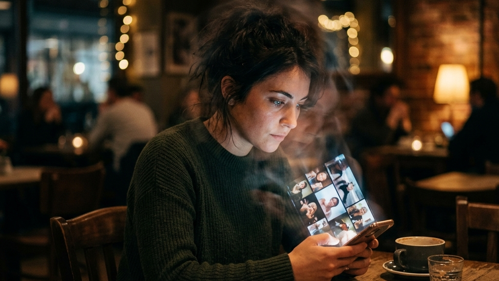 Young woman in a café scrolling a short-form video feed on her phone, illustrating the link between short-form videos and prospective memory